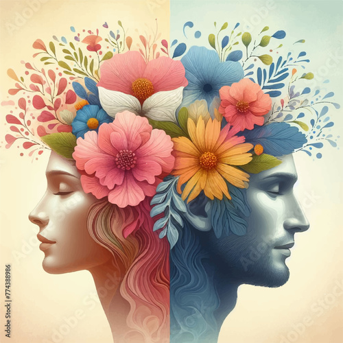 Happy male and female heads with flowers inside. Mental health, Love, happiness, harmony creative abstract concept.