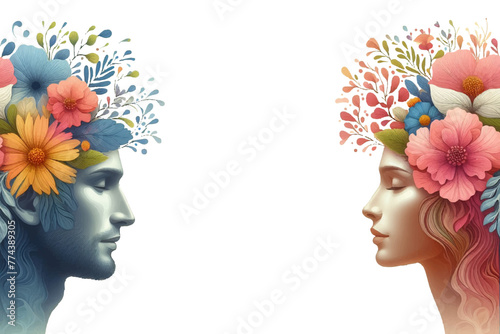 Happy male and female heads with flowers inside. Mental health, Love, happiness, harmony creative abstract concept.