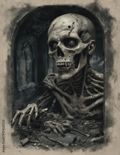 The sinister skull of a skeletal figure peers from the entrance of a crypt, inviting a sense of dread and the unknown.
