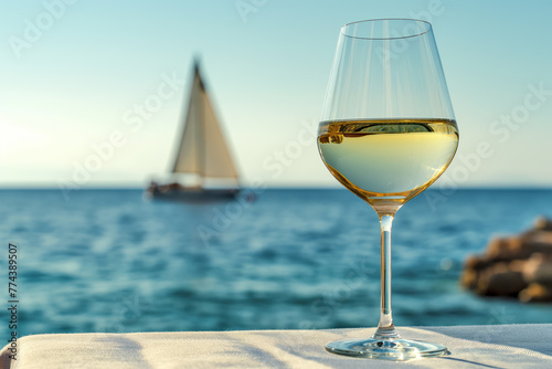 a glass of white wine is on the table. in the background there is the sea and the sail of a yacht in the distance.