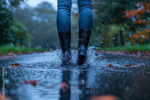 Puddle-proof footwear: a joyful individual splashes happily in rubber boots. photo