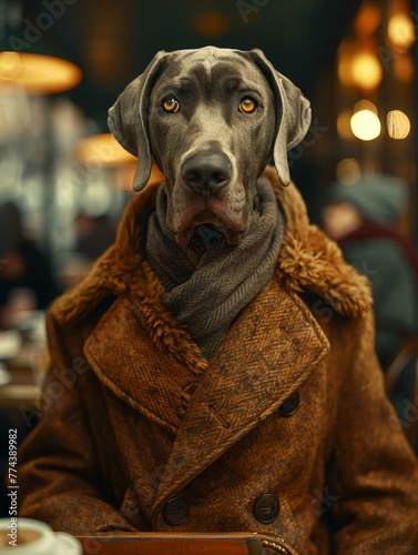 A weimaraner dog wearing a coat. Generative AI.