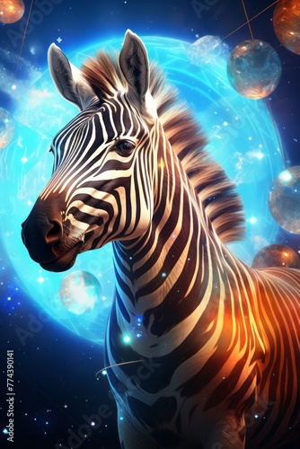 A zebra is shown in close-up against a backdrop of bubbles. The zebras distinctive striped pattern is prominent as it stands out in front of the bubbly background