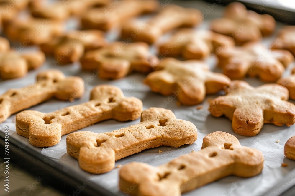 A group of homemade dog treats in bone shapes focused on one
