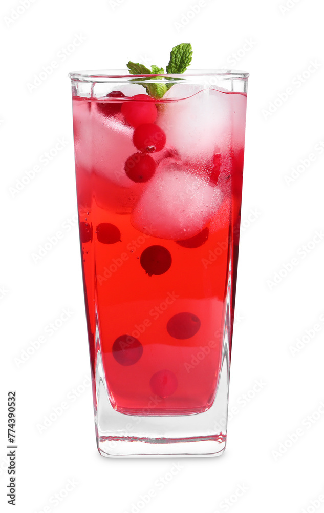 Tasty cranberry juice with ice cubes and mint in glass isolated on white Tasty cranberry juice with ice cubes and mint in glass isolated on white