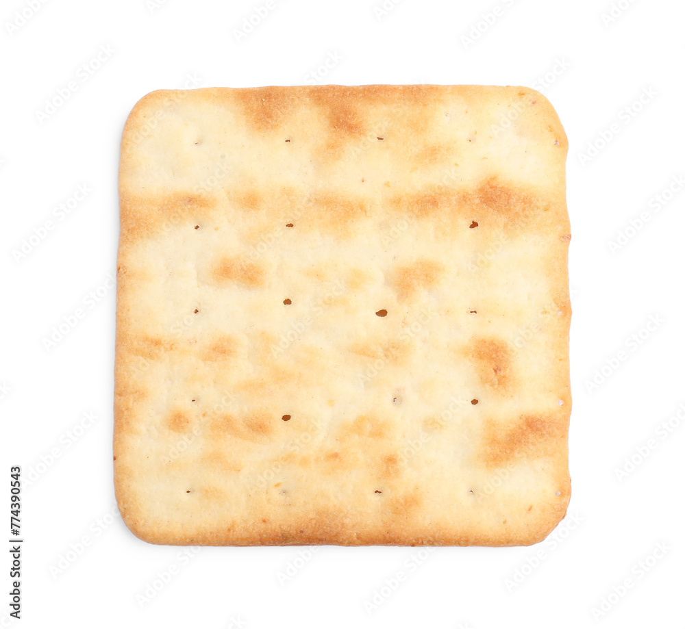 Tasty crispy square cracker isolated on white, top view Tasty crispy square cracker isolated on white, top view