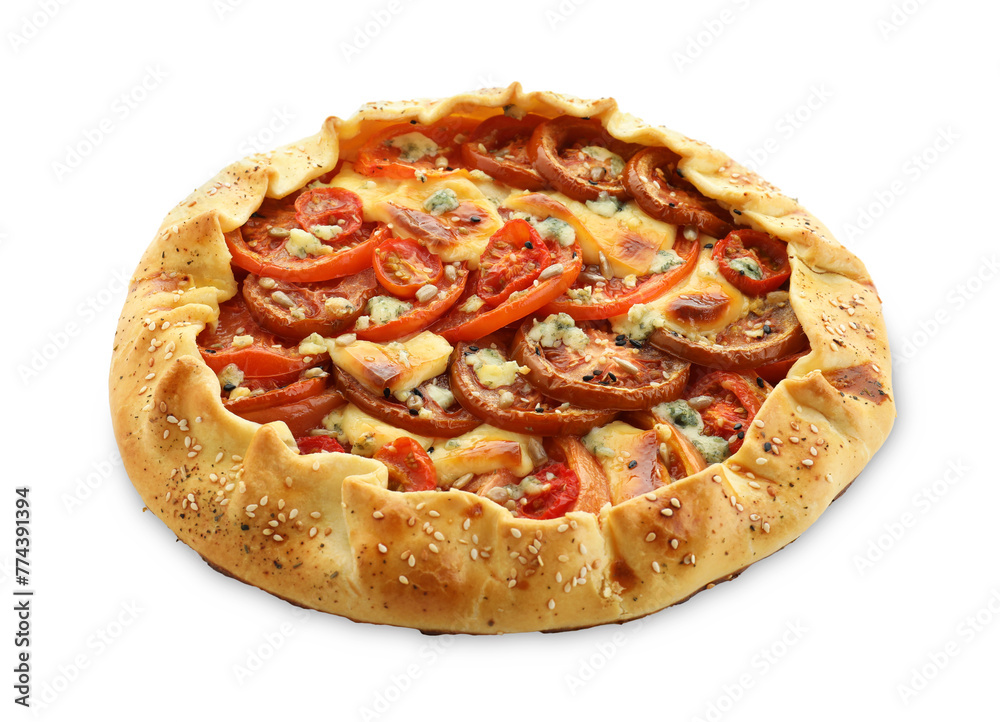 Tasty galette with tomato and cheese (Caprese galette) isolated on white Tasty galette with tomato and cheese (Caprese galette) isolated on white