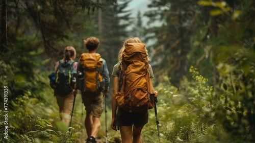 Close-knit Friends Enjoying a Hike Down a Hill in a Lush Green Forest Generative AI