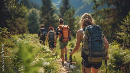 Close-knit Friends Enjoying a Scenic Hike Down a Hill in the Woods Generative AI