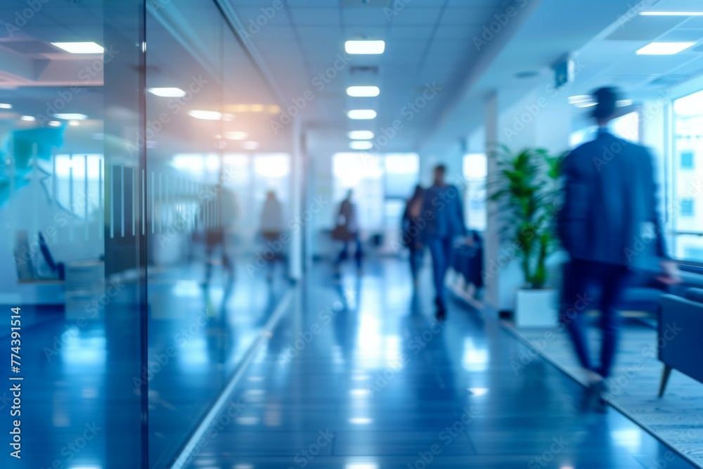 A blurry image of a group of people walking down a hallway. Generative AI. A blurry image of a group of people walking down a hallway. Generative AI.