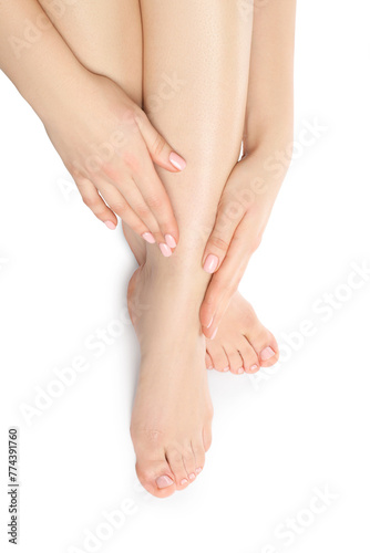Woman with neat toenails after pedicure procedure isolated on white, closeup