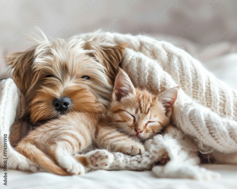 Adorable puppy and kitten snuggled under blanket at home Text space empty