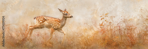 A painting of a deer standing in a lush field, surrounded by wildflowers and tall grass. The deer is peacefully grazing on the grass