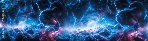 Dynamic background featuring blue and purple lightning bolts striking across the sky photo