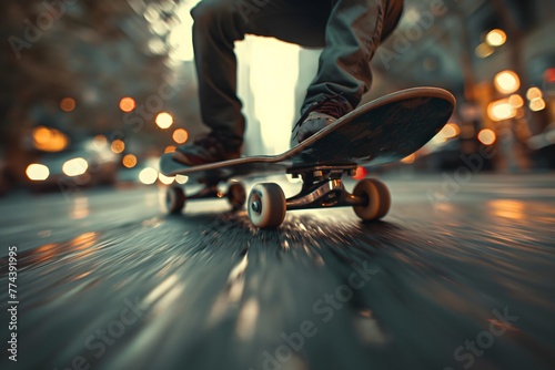 Dynamische Aufnahme eines Skateboarders auf den Straßen einer großen Stadt, Action und Geschwindigkeit photo