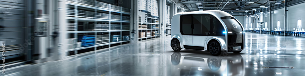 Small white car is driving through a warehouse space, maneuvering between shelves and crates. Vehicle appears to be navigating carefully through industrial setting Small white car is driving through a warehouse space, maneuvering between shelves and crates. Vehicle appears to be navigating carefully through industrial setting