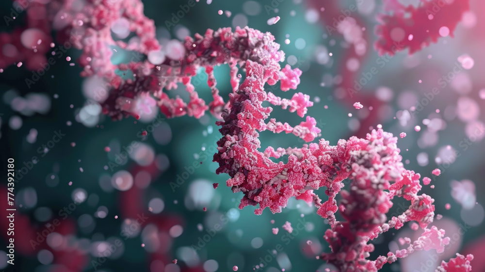 A digitally-rendered representation of a DNA helix in pink hues with a blurred red and green backdrop
