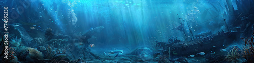 Underwater scene of a sunken ship lying on the ocean floor, surrounded by marine life