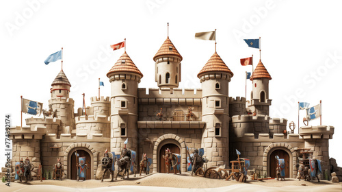 A castle standing tall, adorned with numerous colorful flags waving in the wind