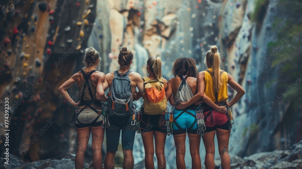 Friends Gathered for a Pre-Climb Huddle in a Rock Climbing Gym Generative AI