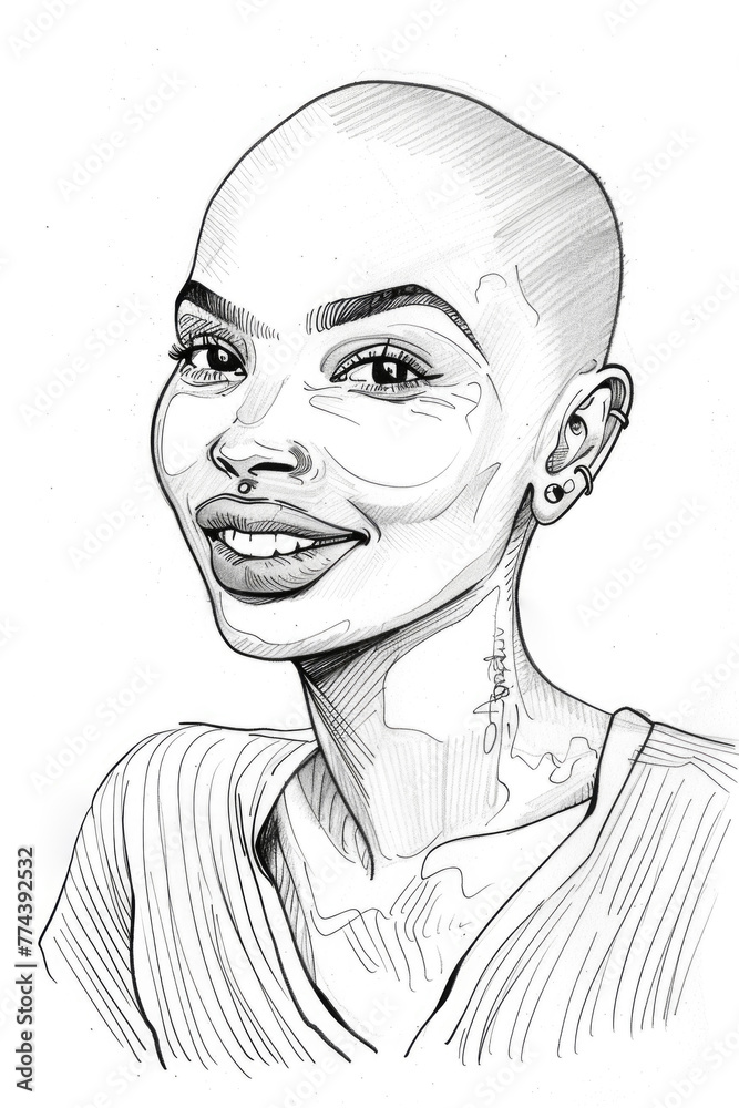 A detailed drawing of charming woman with a shaved head, depicting her strong features and unique style A detailed drawing of charming woman with a shaved head, depicting her strong features and unique style