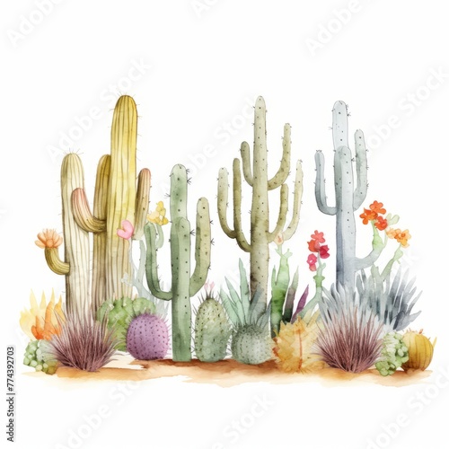 Aquarell Wüstenlandschaft mit majestätischen Saguaro Kakteen Illustration