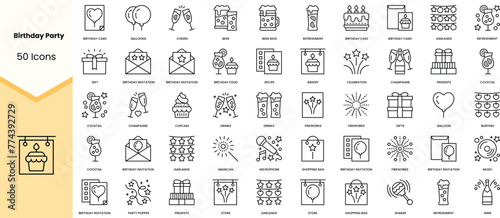 Set of birthday party icons. Simple line art style icons pack. Vector illustration