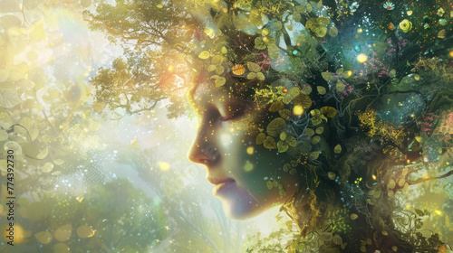 A surreal blend of a womans profile and a lush forest, exuding a mystical and dreamlike essence amidst a radiant backdrop