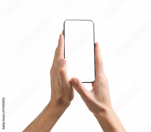Man using smartphone with blank screen isolated on white, closeup. Mockup for design