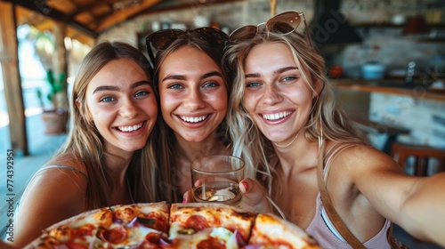 Girlfriends Enjoying Pizza while Taking Selfies Generative AI
