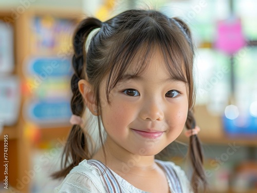 A little girl with braids smiling in a classroom. Generative AI.