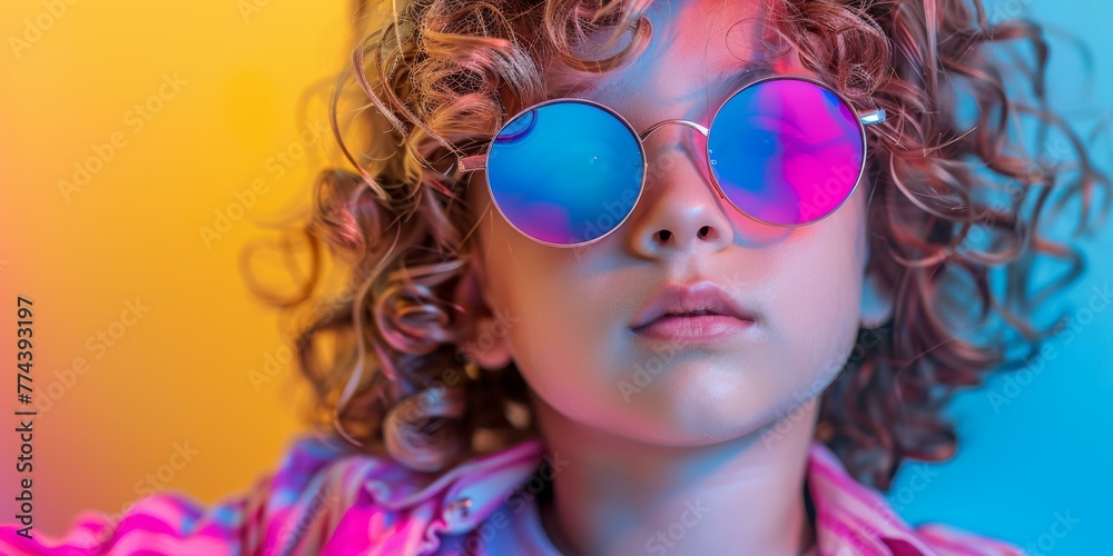 A close-up of a young child with curly hair wearing sunglasses. Generative AI. A close-up of a young child with curly hair wearing sunglasses. Generative AI.