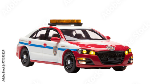A vibrant red and white police car stands out against a clean white background