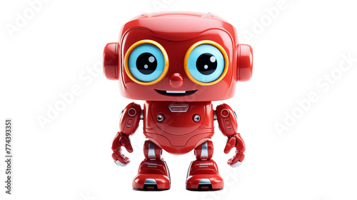 A quirky red robot toy with large eyes stands out against a white background