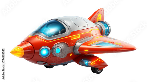 A vibrant red and silver toy airplane resting on a clean white surface