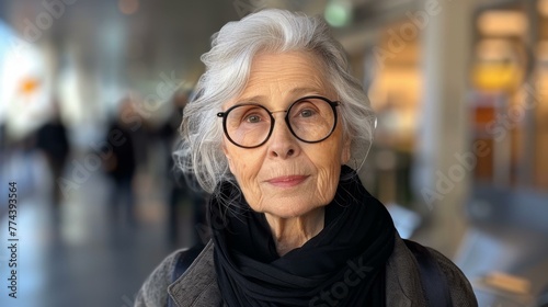 An older woman with glasses and a scarf is standing in a hallway. Generative AI.