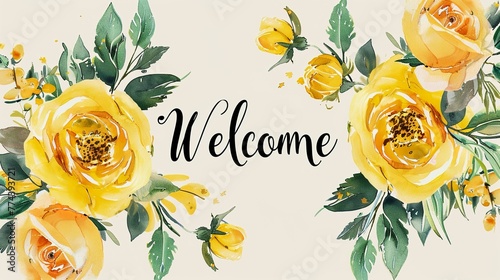 watercolor yellow rose wedding theme deco at border, with cursive hand written text 