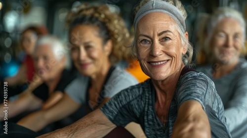 Seniors Smiling while Stretching in a Group at the Gym Generative AI