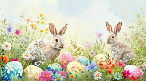 Two rabbits are lounging in a grassy field adorned with colorful Easter eggs and vibrant flowers. The scene resembles a painting showcasing the beauty of nature AIG42E