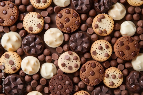 Assorted chocolate covered biscuits top view flat lay