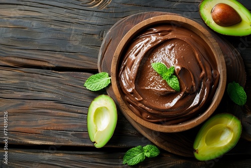 Avocado chocolate mousse with mint in wooden bowl Vegan organic dessert Top view photo