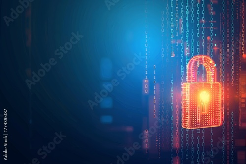 digital padlock on abstract cyber security technology blue background with binary code