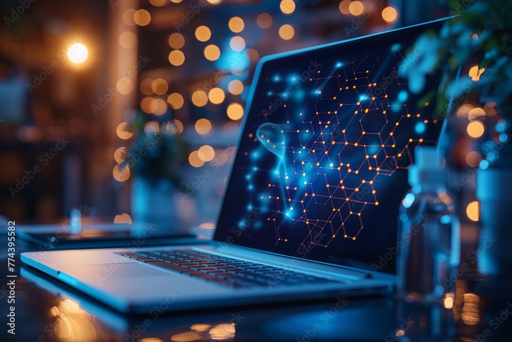 Nano-biotechnology in medicine, nanostructure analysis on a laptop, lab environment, close-up, copy space Nano-biotechnology in medicine, nanostructure analysis on a laptop, lab environment, close-up, copy space