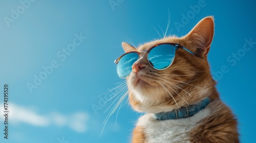 Orange cool tabby cat wearing sunglasses looking down on blue background, retro glamor