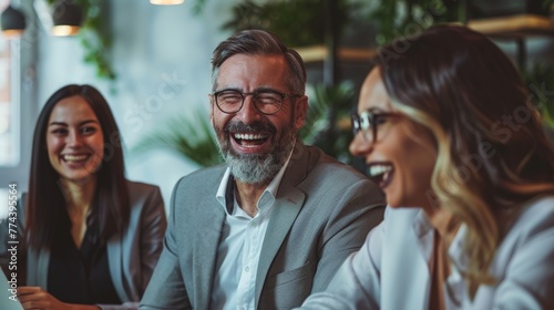 Collaborative Business Meeting: Laughing Coworkers Brainstorming Ideas Generative AI