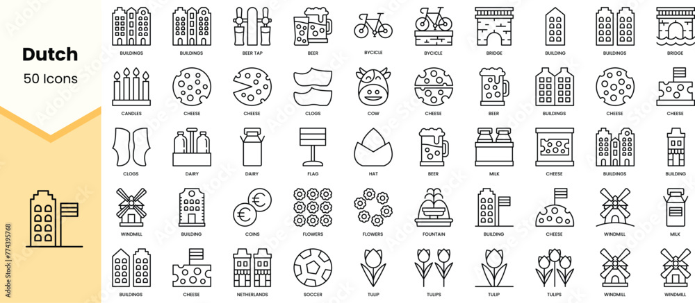 Set of dutch icons. Simple line art style icons pack. Vector illustration