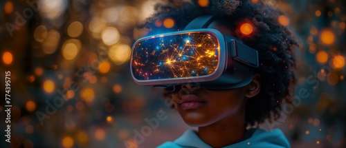 Woman immersed in a virtual reality experience, the headset projecting a digital world around her, signifying innovation in tech © TEERAPONG
