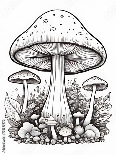 Mushroom line smoothly outline coloring page, white background, ai generated