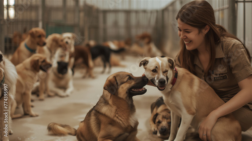 Obraz na płótnie A female volunteer in uniform at an animal shelter, interacting with rescued dogs. w salonie
