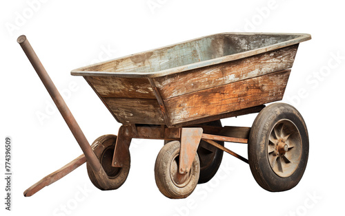 An old wooden wheelbarrow with a sturdy wooden handle stands gracefully against a rustic background